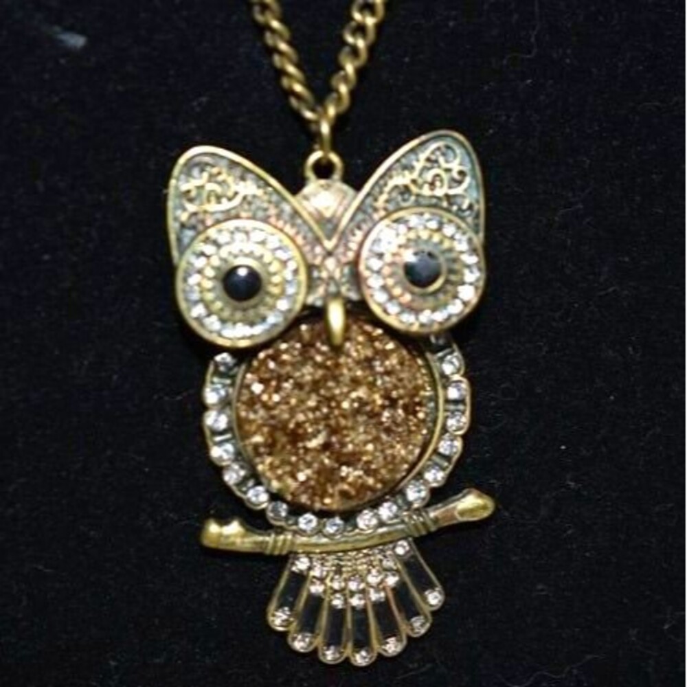Bronze Sparkle Center Stone Clear Rhinestone Black Eyes Owl Pendant 20" Necklace